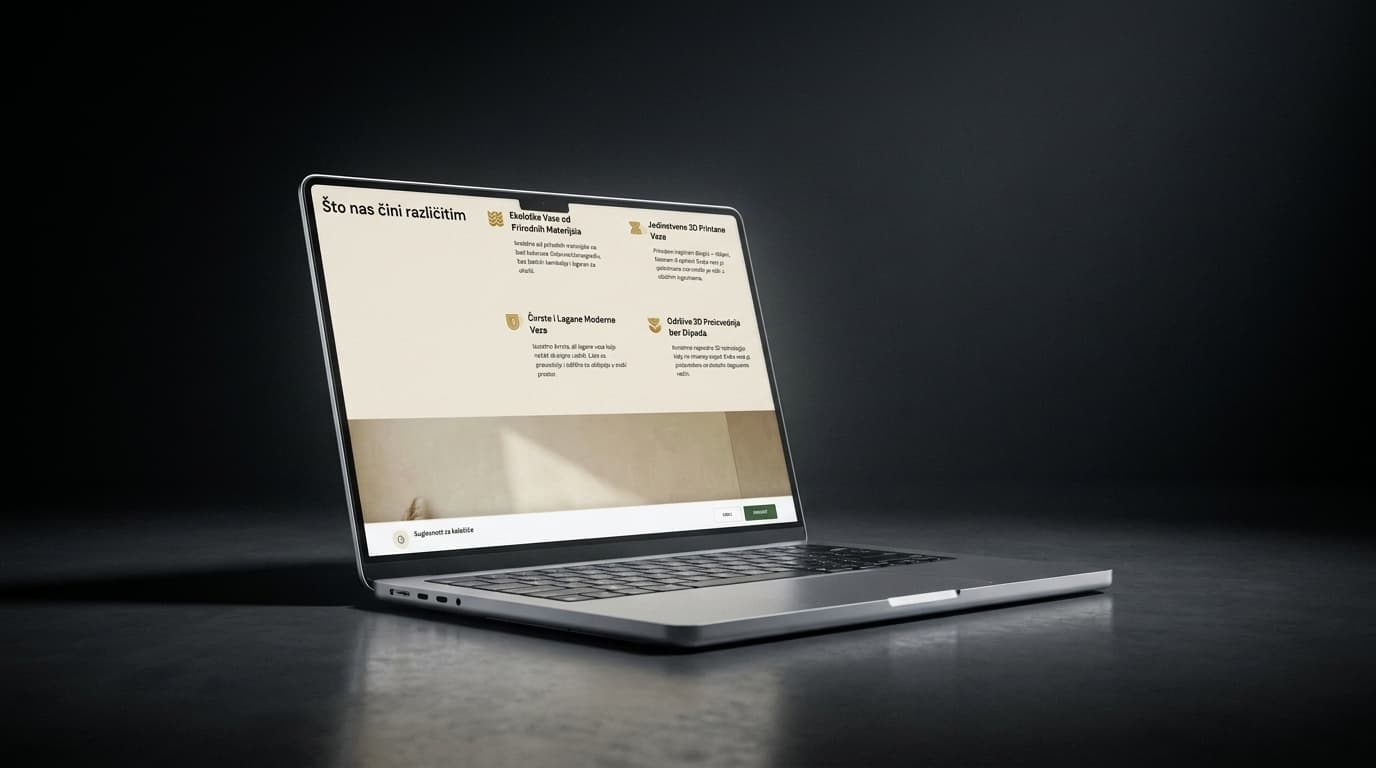 Vasevo's 3D printed vase collection displayed on a clean white surface with warm earth-tone branding — laptop